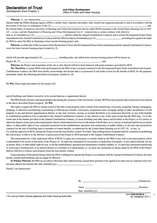 Fillable Form Hud-52190-A Declaration Of Trust Printable pdf