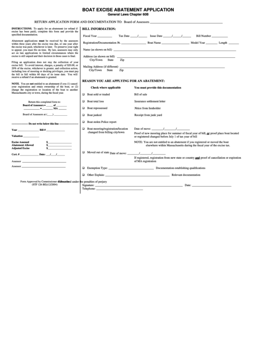 Fillable Form Stf 126-Be - Boat Excise Abatement Application (Approved By Commissioner Of Revenue) Printable pdf