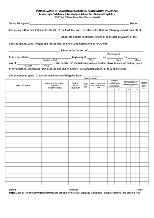 Fillable Junior High / Middle / Intermediate School Certificate Of Eligibility Form - Piaa Printable pdf