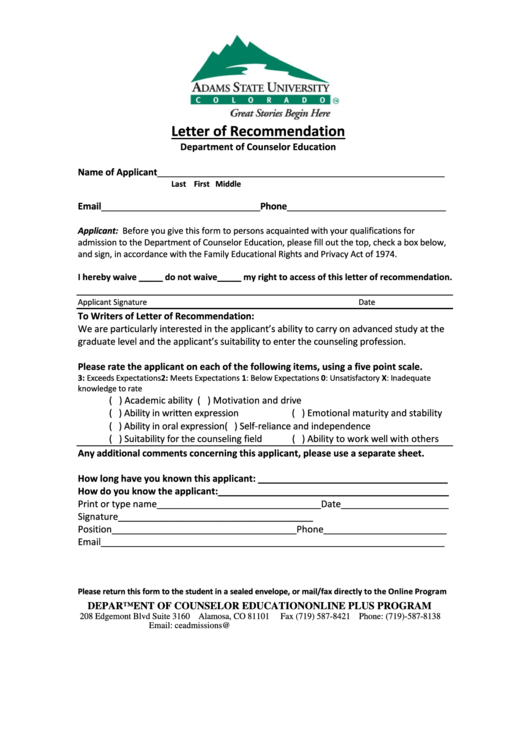 Letter Of Recommendation Form - Department Of Counselor Education Printable pdf