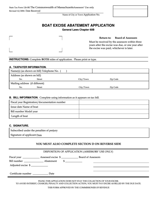 Fillable State Tax Form 126-Be - Boat Excise Abatement Application - Massachusetts Printable pdf