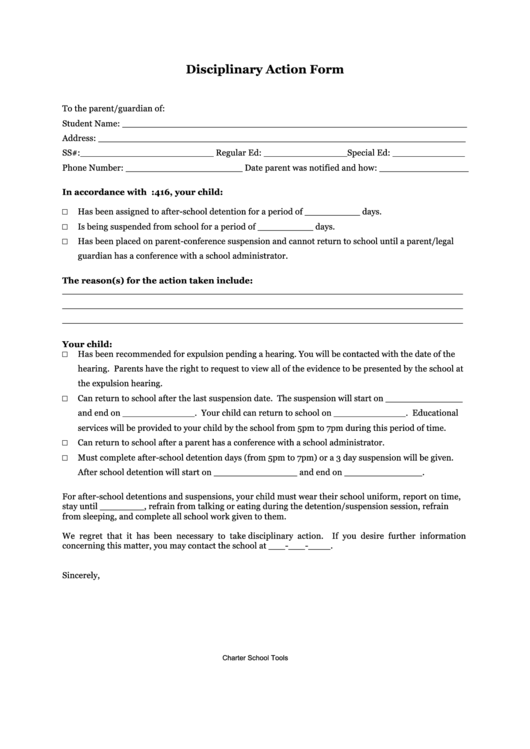 Fillable Disciplinary Action Form Printable pdf