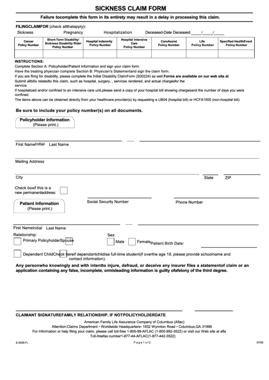 Fillable Form S-2029-Fl - Sickness Claim Form Printable pdf