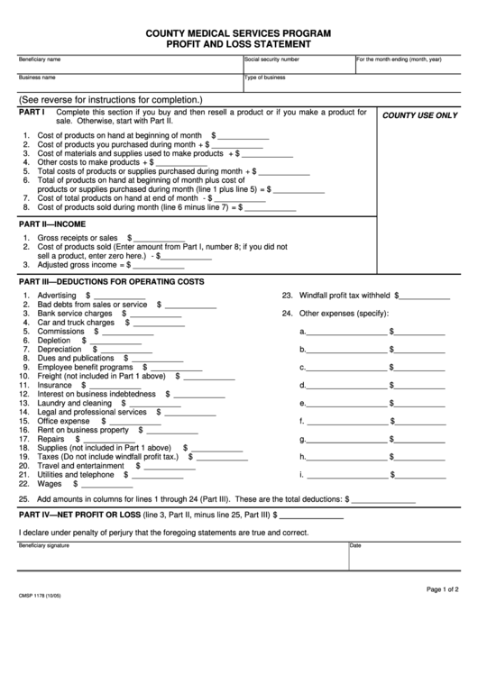Form Cmsp 1178 County Medical Services Program Profit And Loss Statement Printable pdf