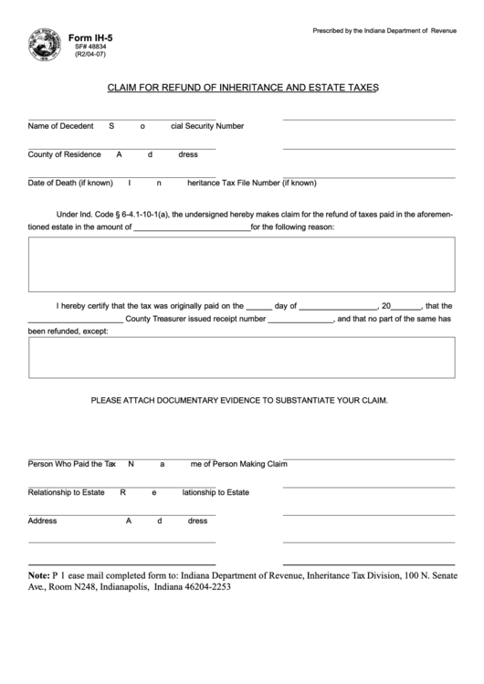 Fillable Form Ih-5 - Claim For Refund Of Inheritance And Estate Taxes Printable pdf