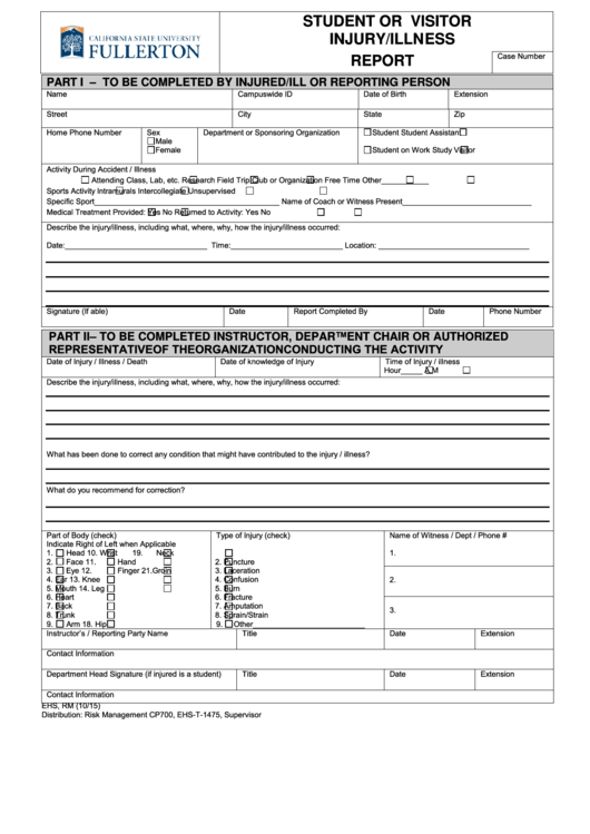 Fillable Student Or Visitor Injury/illness Report Form Printable pdf
