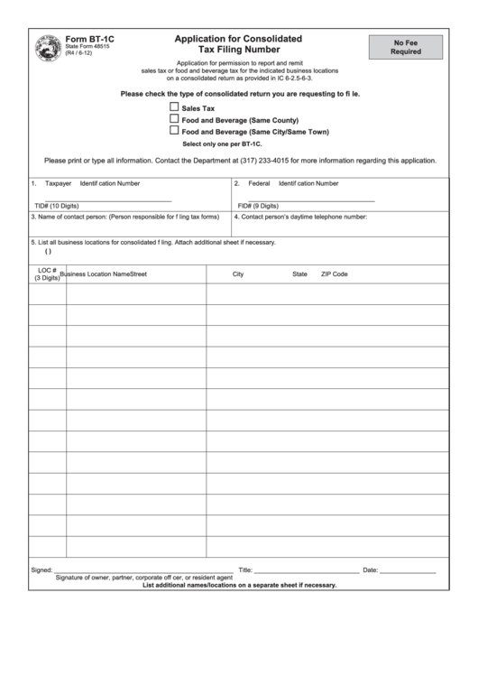Fillable Form Bt-1c - Application For Consolidated Tax Filing Number Printable pdf