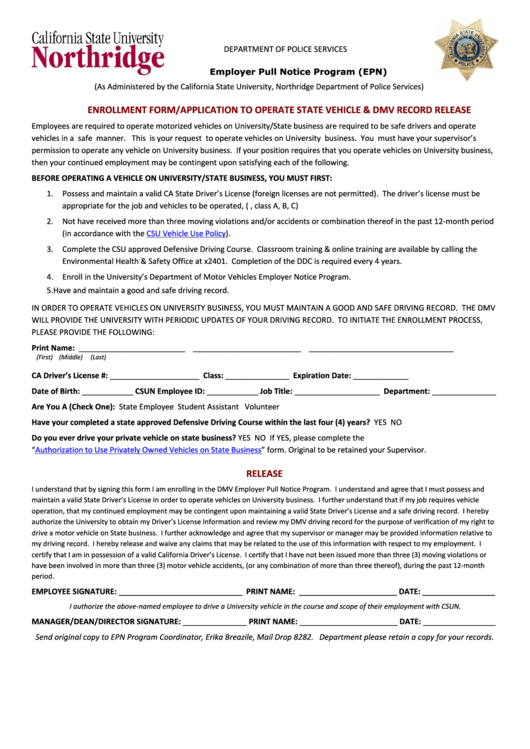 Fillable Enrollment Form/application To Operate State Vehicle & Dmv Record Release Printable pdf