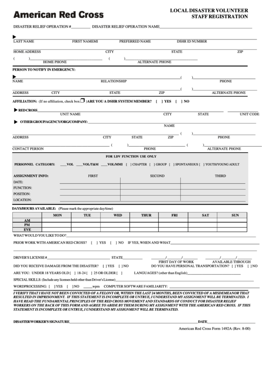 American Red Cross Form 1492a - Local Disaster Volunteer Staff Registration Printable pdf