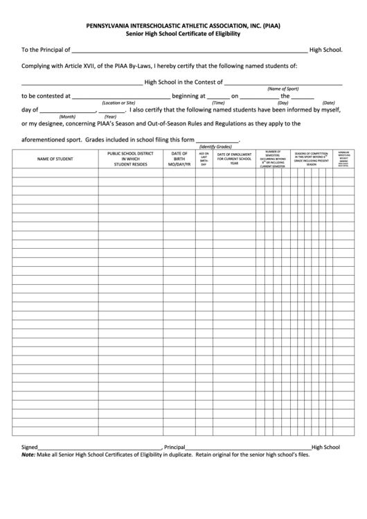 Fillable Senior High Certificate Of Eligibility Form Piaa Printable pdf