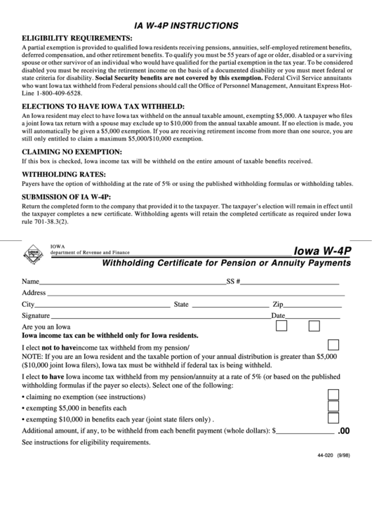 Iowa W-4p - Withholding Certificate For Pension Or Annuity Payments Form - Iowa Department Of Revenue And Finance Printable pdf