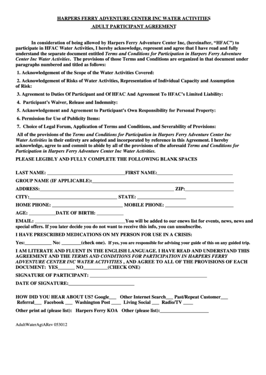 Adult Participant Agreement Form Printable pdf