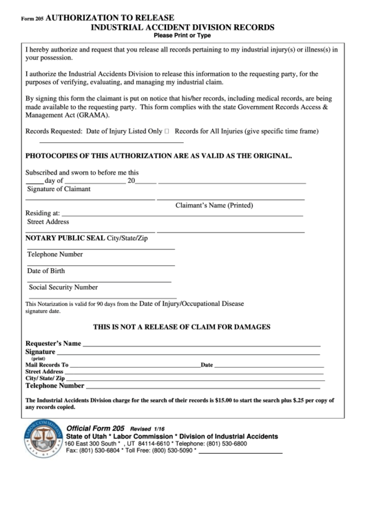 Fillable Form 205 - Authorization To Release Industrial Accidents Records - Utah Labor Commission Printable pdf