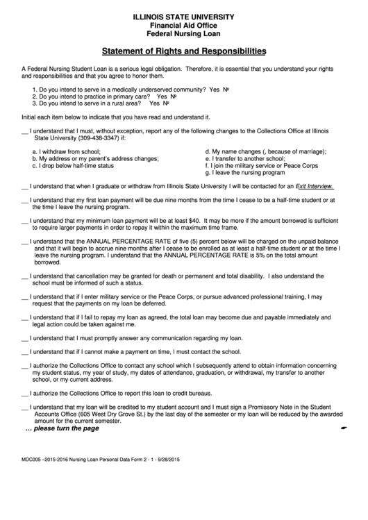 Statement Of Rights And Responsibilities Form Federal Nursing Loan Printable pdf