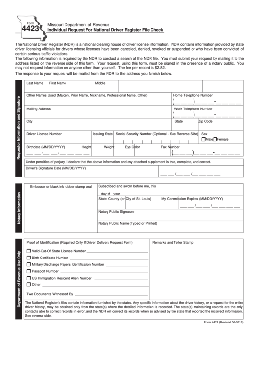 Fillable Form 4423 - Individual Request For National Driver Register File Check - Missouri Department Of Revenue Printable pdf