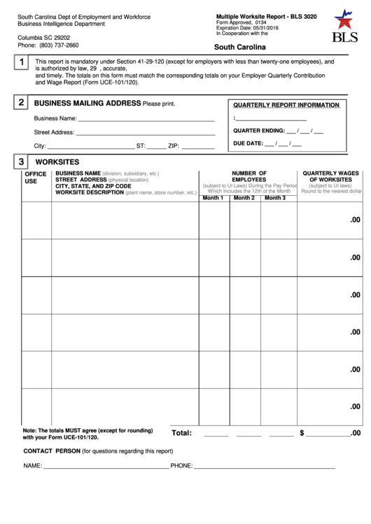 Fillable Form Bls 3020 - Multiple Worksite Report - South Carolina Dept Of Employment And Workforce Printable pdf