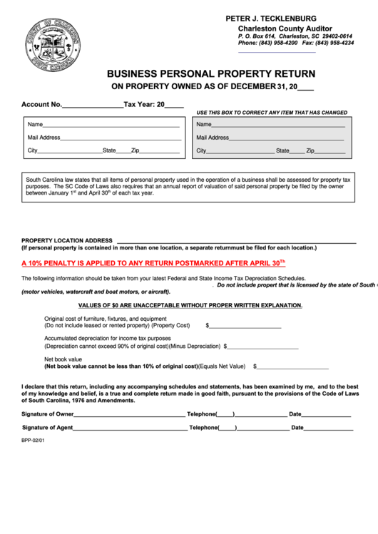 Fillable Business Personal Property Return Form - South Carolina Printable pdf