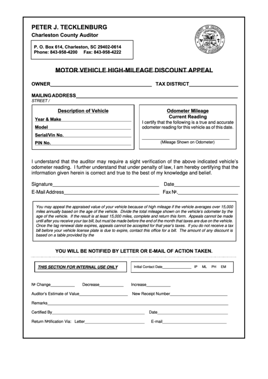 Fillable Motor Vehicle High-Mileage Discount Appeal Form - South Carolina Printable pdf