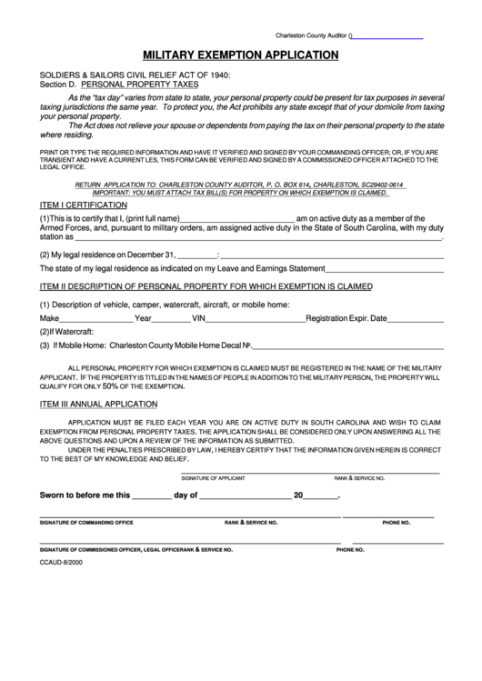 Fillable Military Exemption Application Form Printable pdf