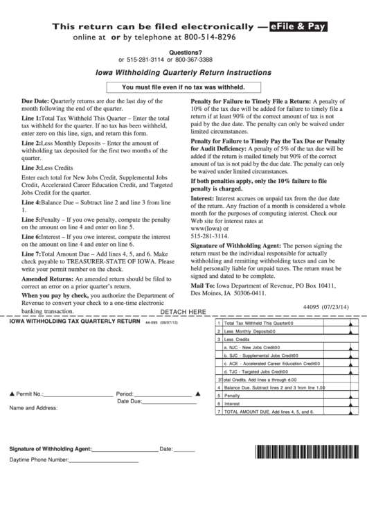 Form 44-095 - Iowa Withholding Tax Quarterly Return - 2014 Printable pdf