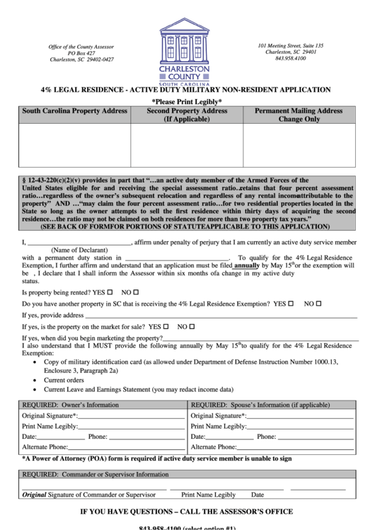 4% Legal Residence - Active Duty Military Non-Resident Application Form Printable pdf