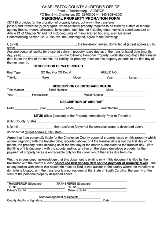 Personal Property Proration Form - Charleston County Auditor