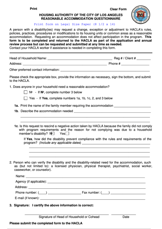 Fillable Form S504-02 - Housing Authority Of The City Of Los Angeles Reasonable Accommodation Questionnaire Printable pdf