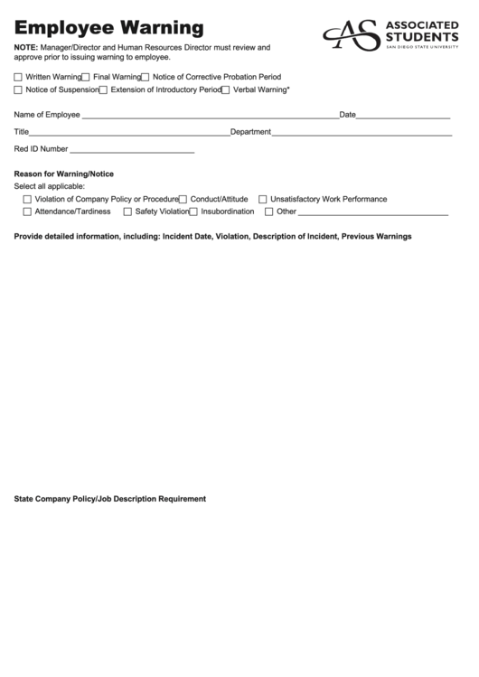Fillable Employee Warning Form Printable pdf
