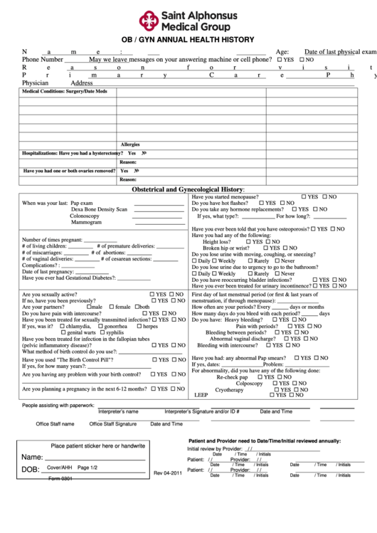 Ob / Gyn Annual Health History Form Printable pdf