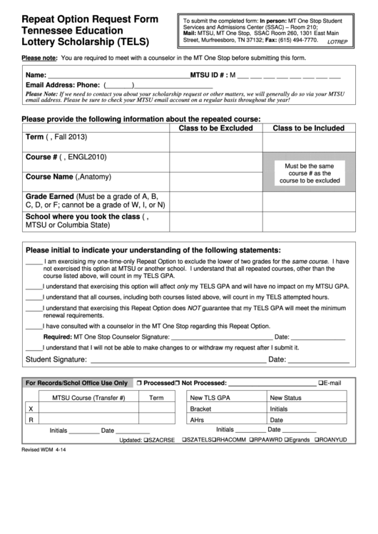 Repeat Option Request Form Tennessee Education Lottery Scholarship (tels)