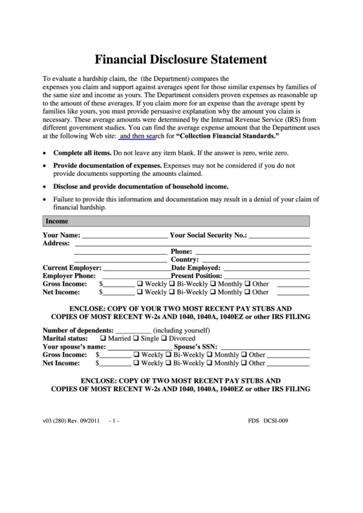 Form V03 - Financial Disclosure Statement - U.s. Department Of Education Printable pdf