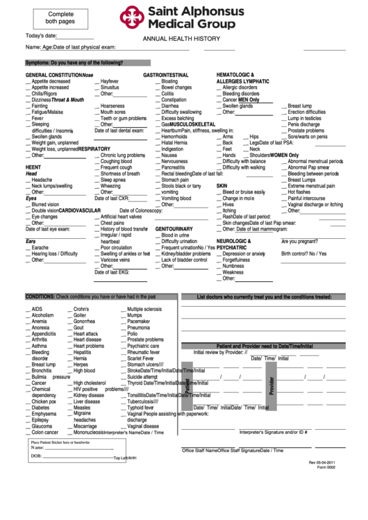 Adult Annual Health History Form Printable pdf