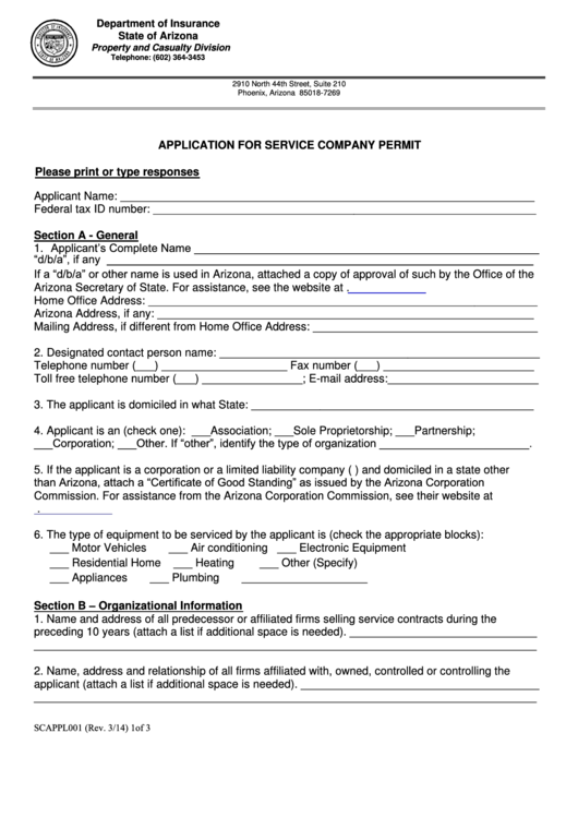 Fillable Form Scpappl001 - Service Company Permit Application Form - Department Of Insurance, State Of Arizona Printable pdf