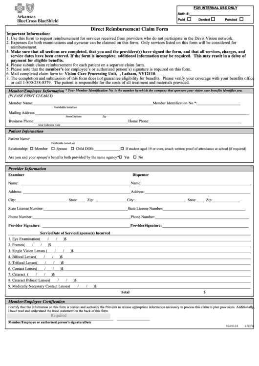 Form Cl00015a - Arkansas Bluecross Blueshield Direct Reimbursement Claim Form - 2012 Printable pdf