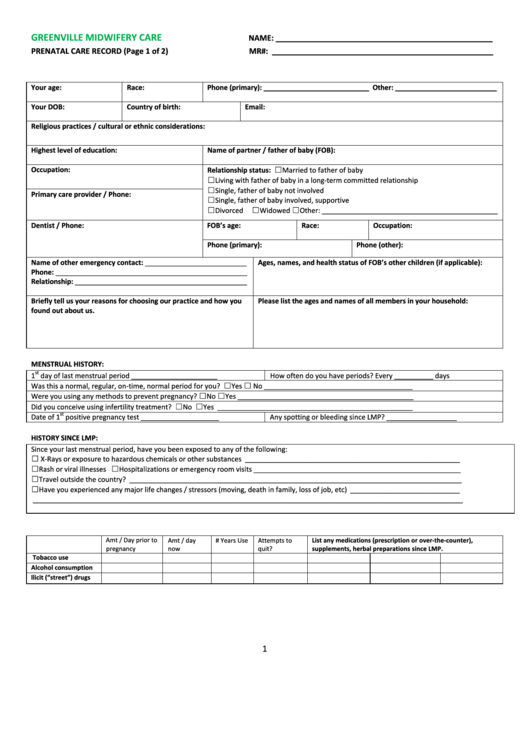 Prenatal Care Record Form Printable pdf