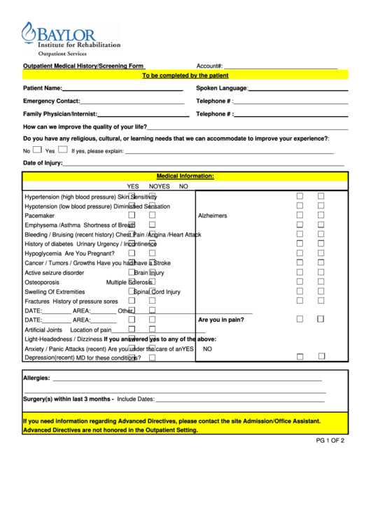 Outpatient Medical History/screening Form Printable pdf