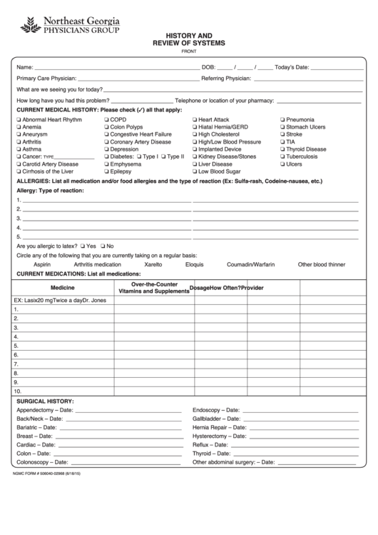 Medical History And Review Of Systems Form Printable pdf