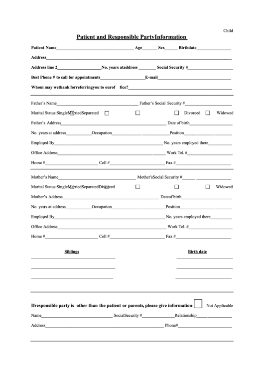 Child Patient And Responsible Party Information Form Printable pdf