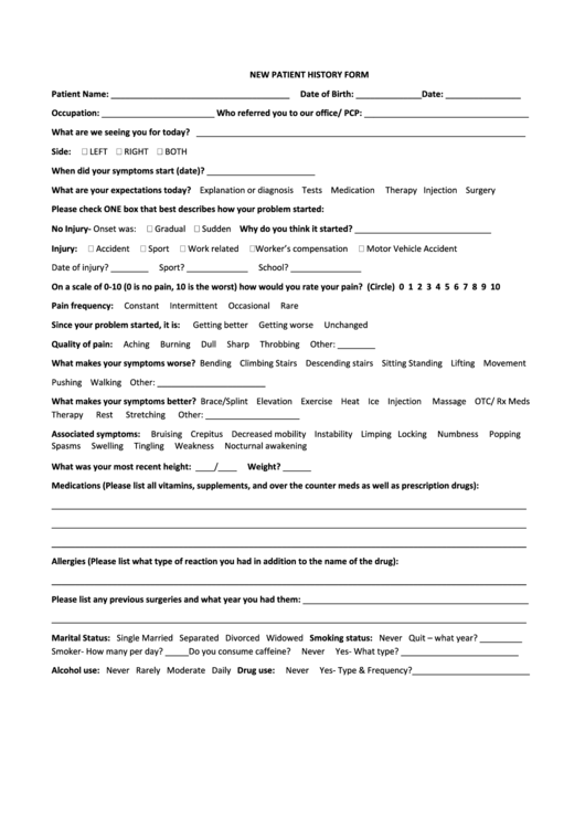 New Patient History Form Printable pdf