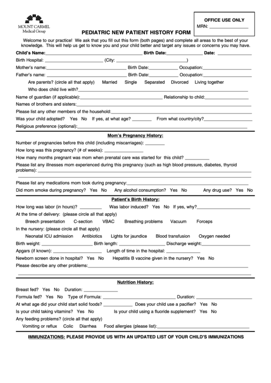 Fillable Pediatric New Patient History Form Printable pdf