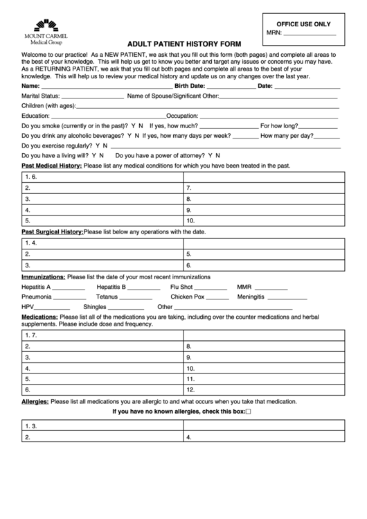 Fillable Adult Patient History Form Printable pdf