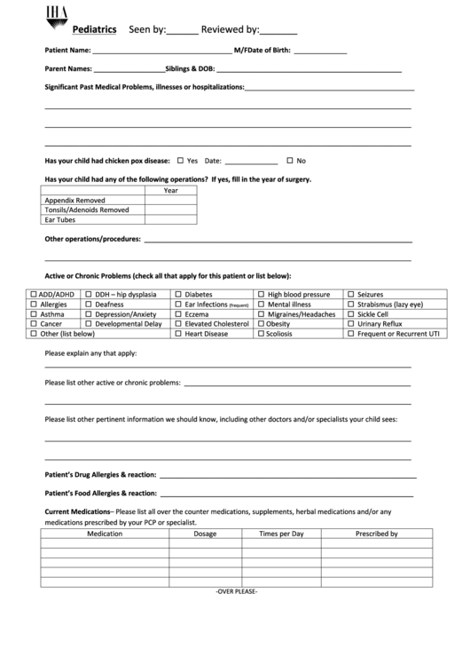 Pediatrics Medical History Form Printable pdf