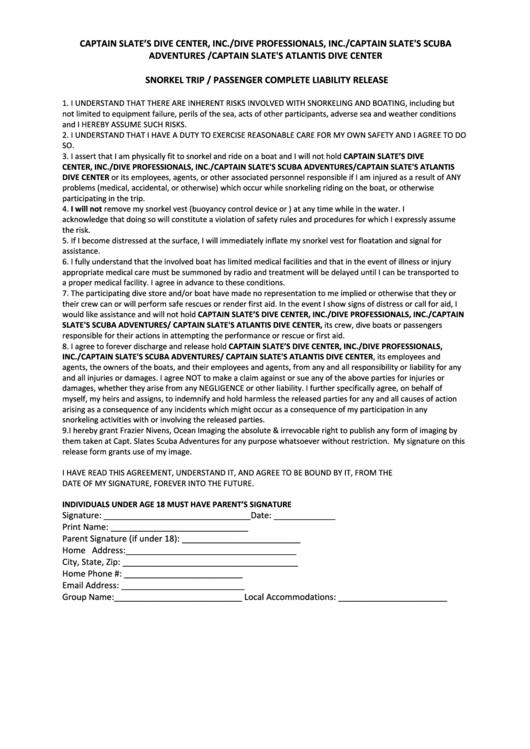 Snorkel Trip / Passenger Complete Liability Release Form Printable pdf