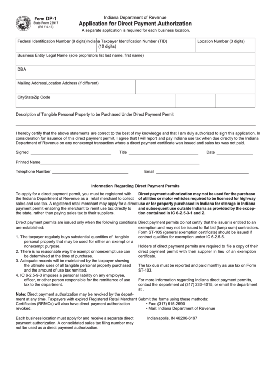 Fillable Form Dp-1 - Application For Direct Payment Authorization Printable pdf