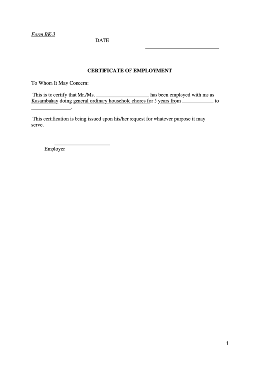 Form Bk-3 - Sample Certificate Of Employment Printable pdf