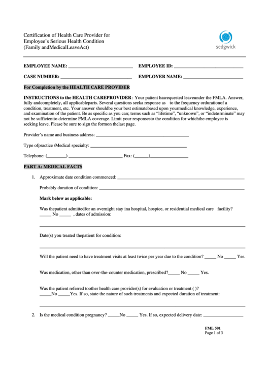 Form Fml 501 - Certification Of Health Care Provider For Employee