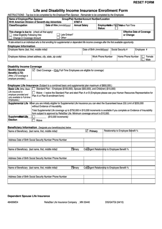 Fillable Form 48495md4 - Life And Disability Income Insurance Enrollment Form - Reliastar Life Insurance Company Printable pdf