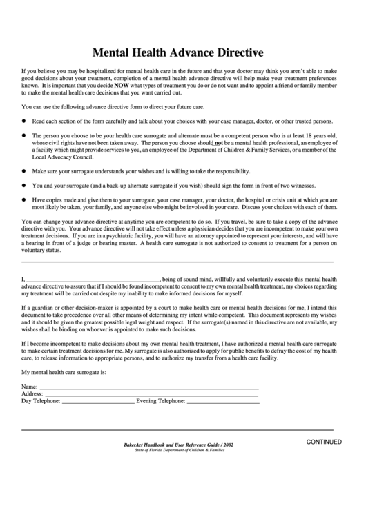 Mental Health Advance Directive Form Printable Pdf Download