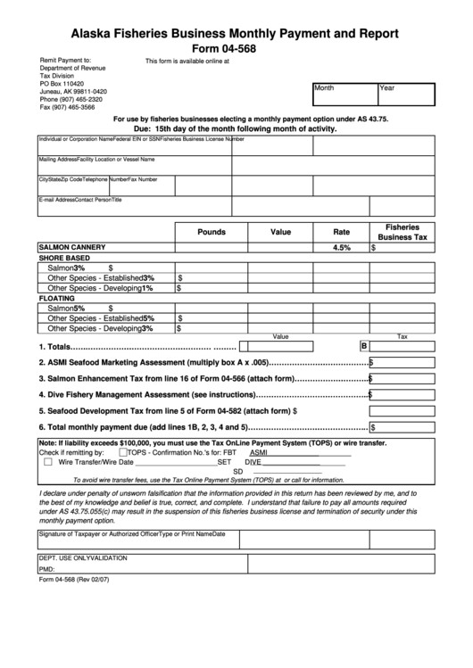 Fillable Form 04-568 - Alaska Fisheries Business Monthly Payment And Report - Department Of Revenue Printable pdf