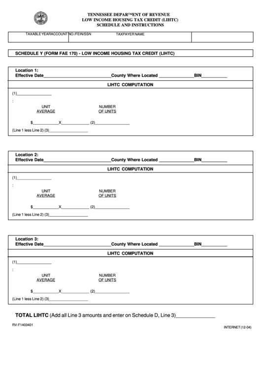 Form Rv-F1403401 -Tax Credit Schedule - Tennessee Department Of Revenue Printable pdf